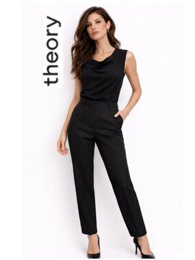 Theory Wool Black Tailored Pants Work Straight Trouser Size 8